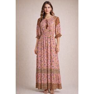 Umgee USA Mixed Floral Maxi Dress Tiered Boho Neck Tie Size XL Cottagecore